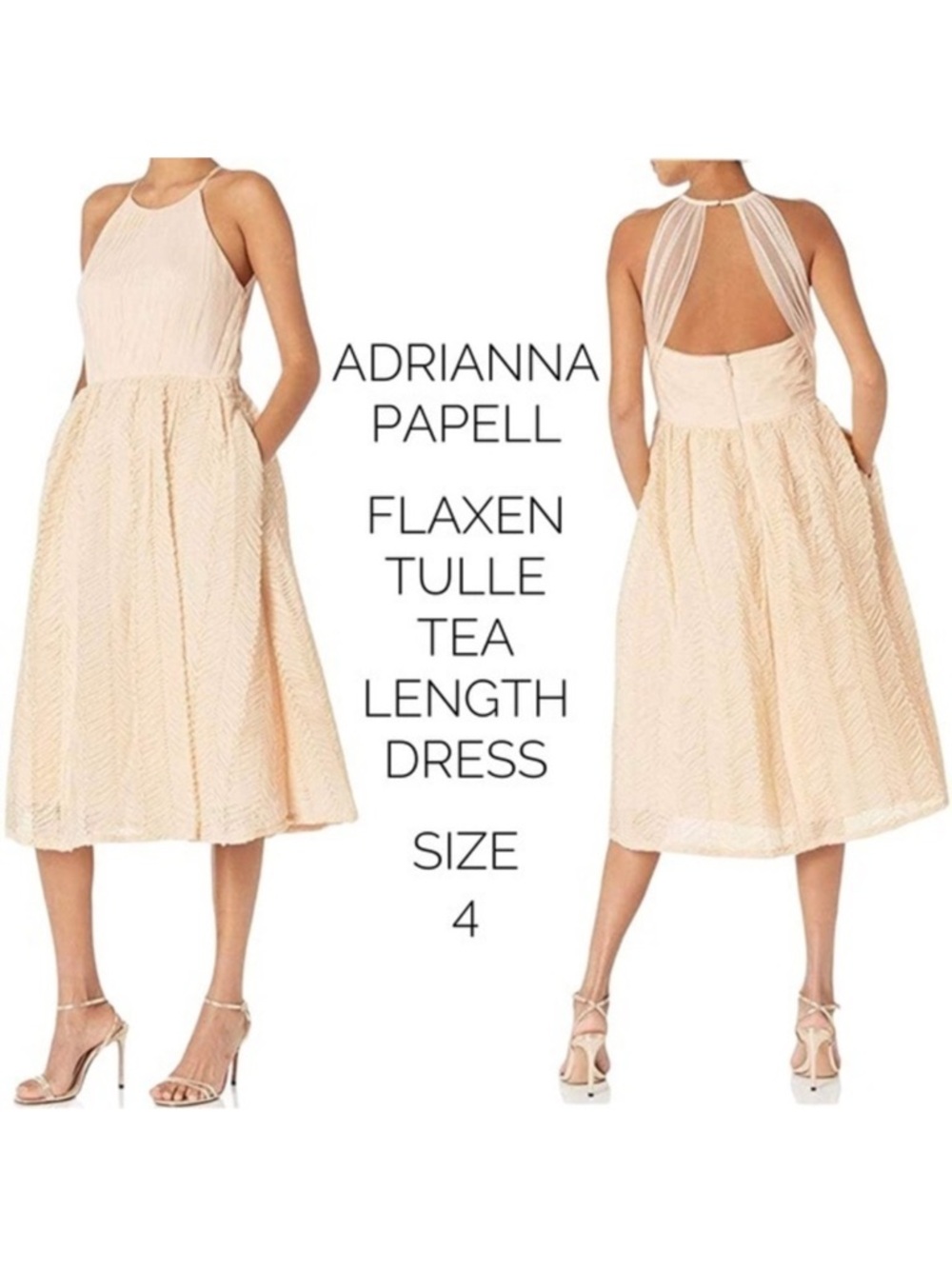 Adrianna Papell size 4 vintage inspired flaxen tulle tea length dress
